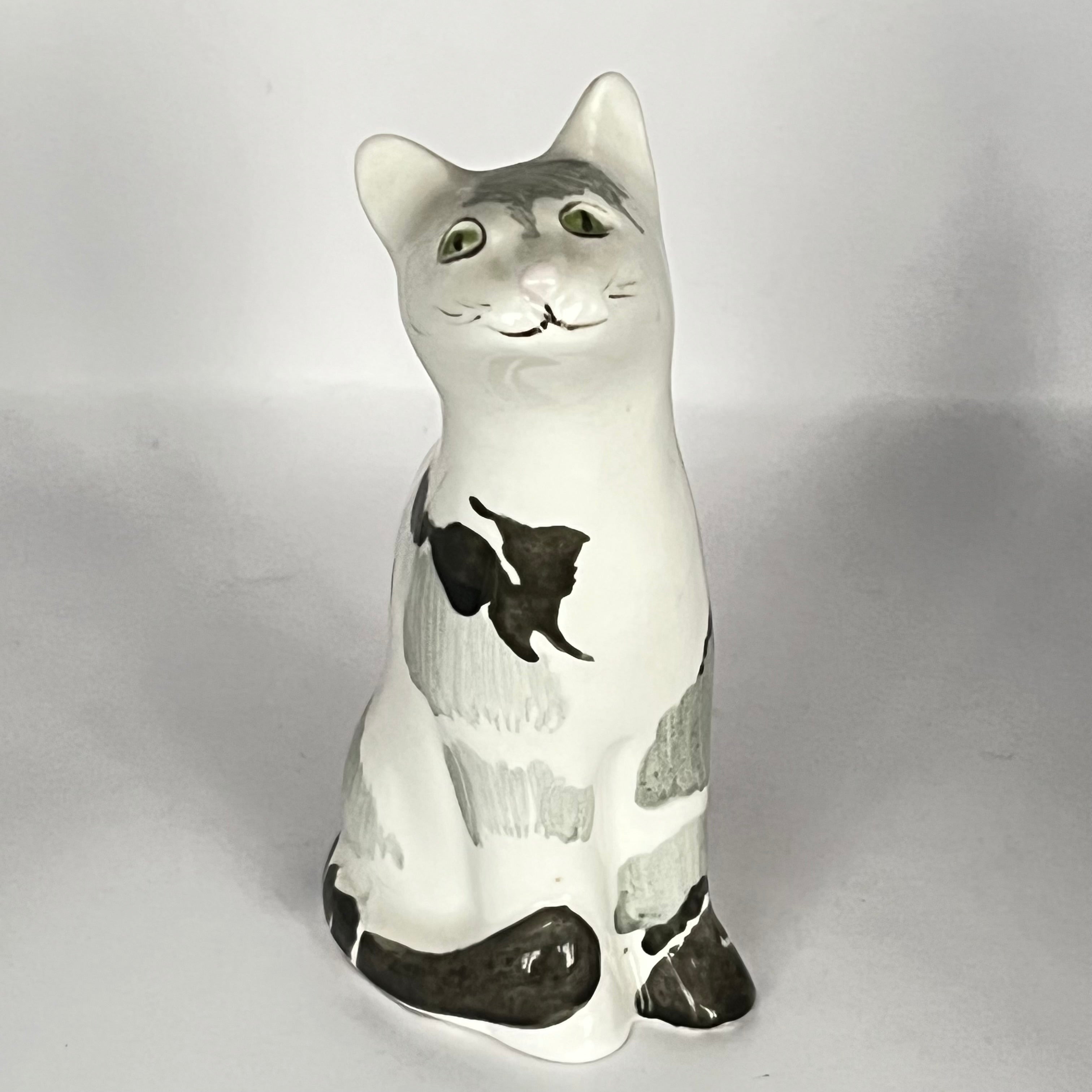 Vintage Hand Painted Grey Black & White Cat Sitting Up Ornament by A & R Scott Rare!