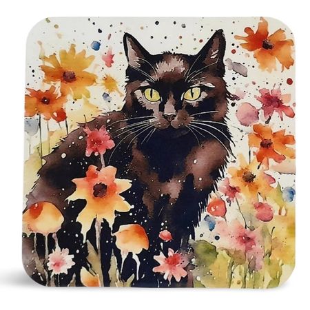 Watercolour Style Black Cat Mug & Coaster Set