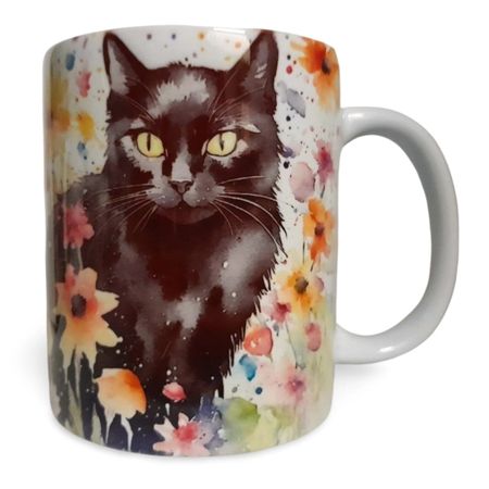 Watercolour Style Black Cat Mug & Coaster Set