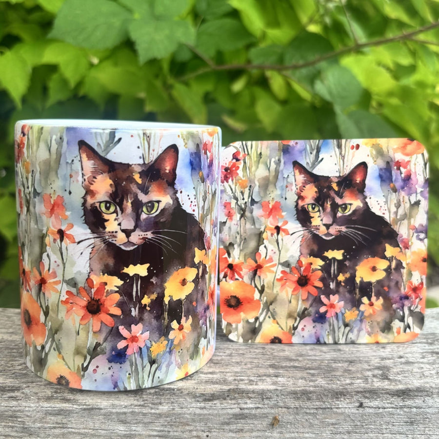 Watercolour Style Tortoiseshell Cat Mug & Coaster Set