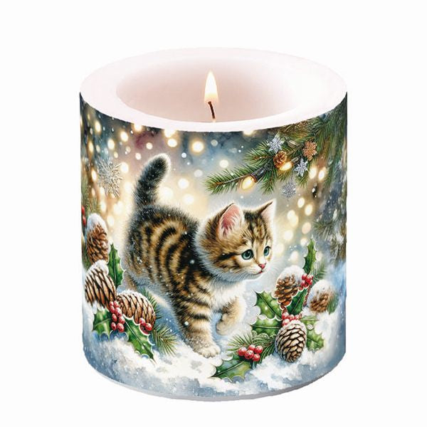 Cute Cat in the Snow Pillar Candle