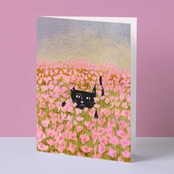 Cat in a Tulip Field Greetings Card