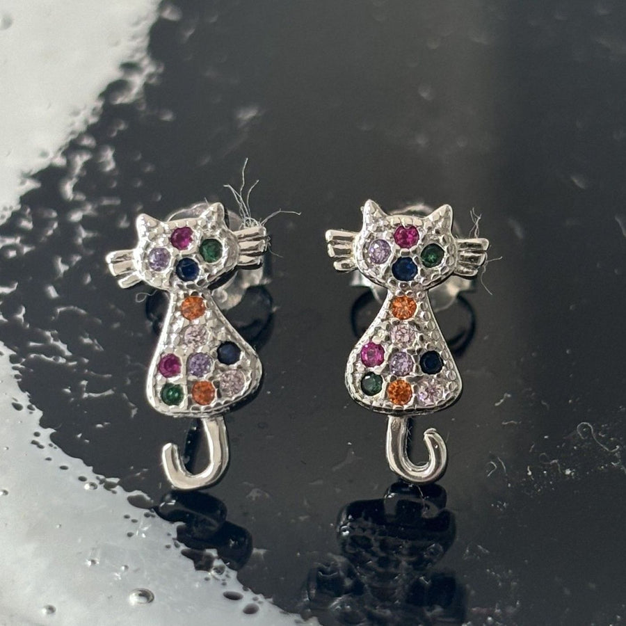 Sterling Silver Rainbow Cat Earrings