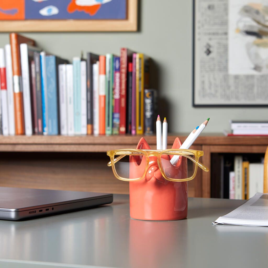 Red Ceramic Cat Pen and Glasses Holder