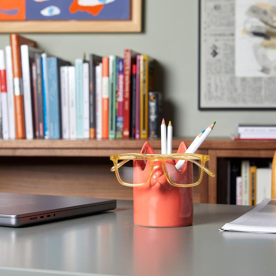 Red Ceramic Cat Pen and Glasses Holder