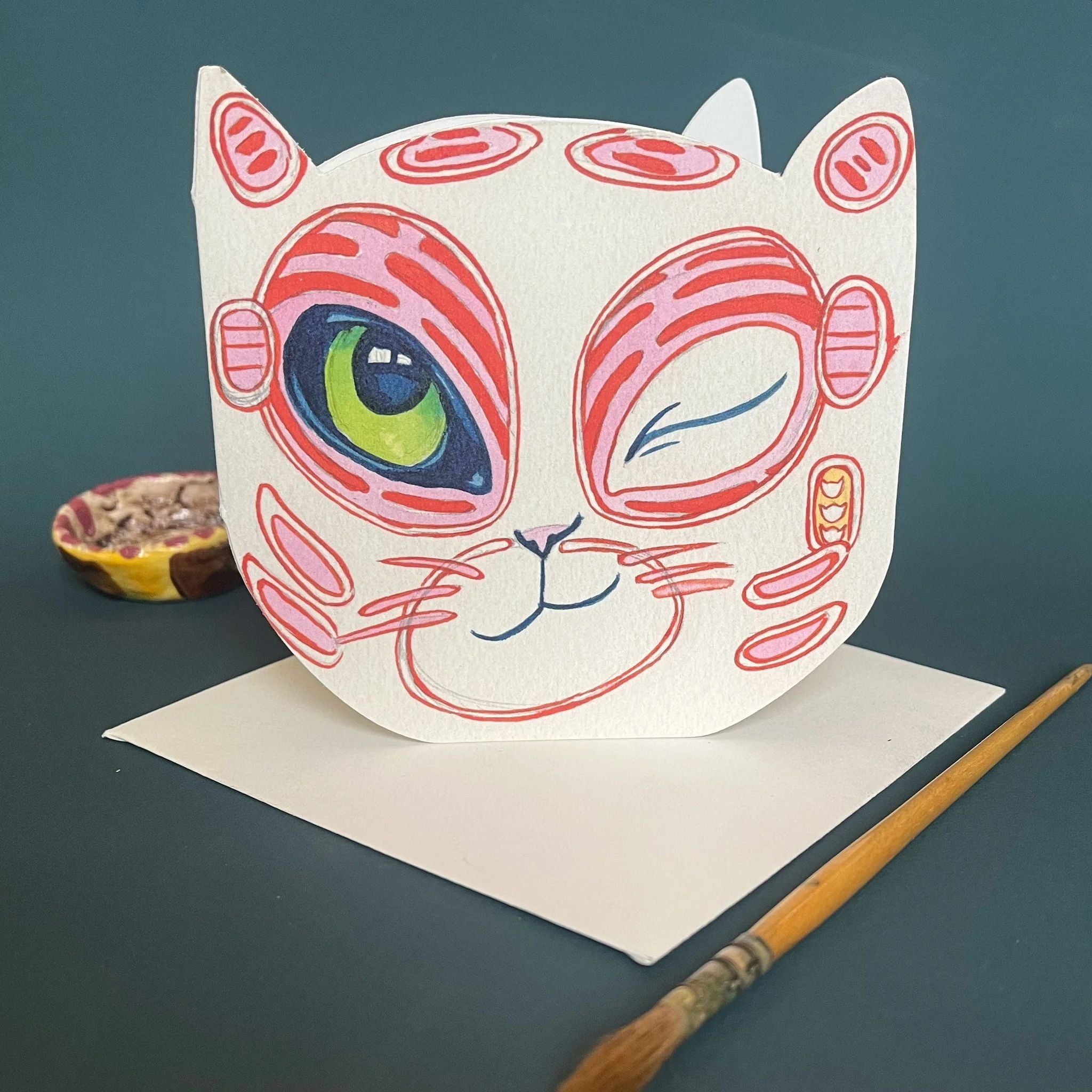 Winking Cat Face Die Cut Greetings Card