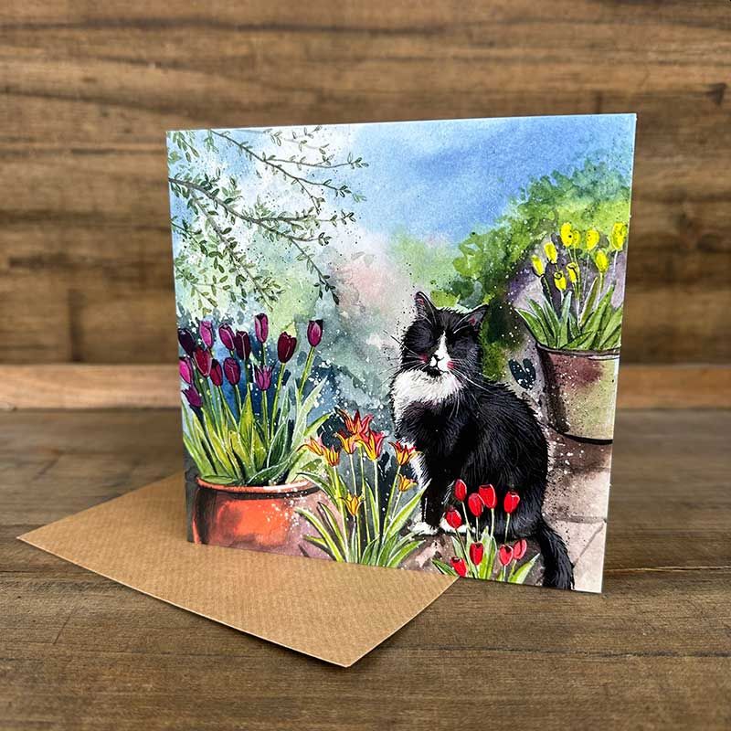 Tarjeta Gato y tulipanes, de Alex Clark