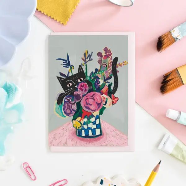 Catisse Flowers and Cat Art Card
