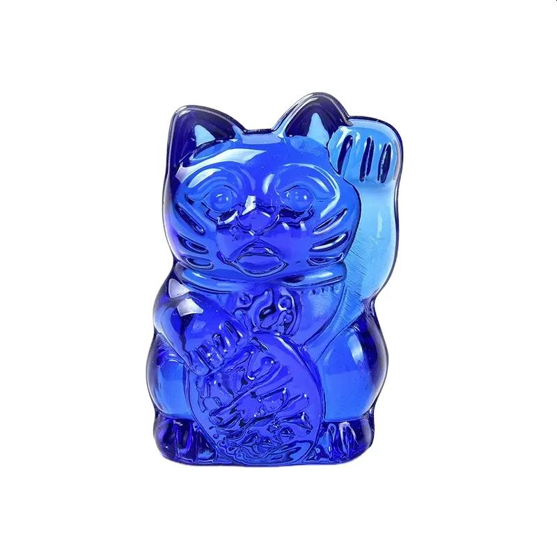 Maneki Neko Lucky Glass Cat Azul Oscuro - Sabiduría y Éxito Académico