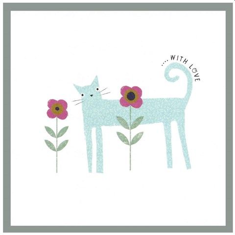 Blue Cat and Flowers Greetings Card, With Love