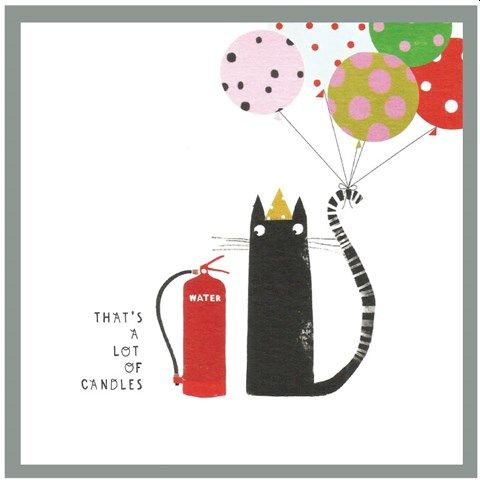 Birthday Card Black Cat with Balloons and Fire Extinguisher with words Thats a Lot of Candles