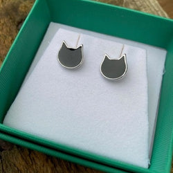 Black Enamel Cat Face Ear Studs