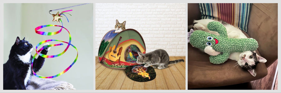 Examples of some great KONG cat toys: Stellar Teaser, Glamping Tent and Kickeroo Cactus