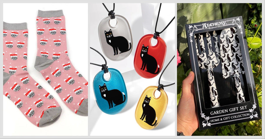Cat themed socks pendants and garden tool set