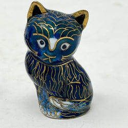 Set of 3 Vintage Chinese Cloisonné Cat Figurines - Cobalt Blue & Gold Enamel