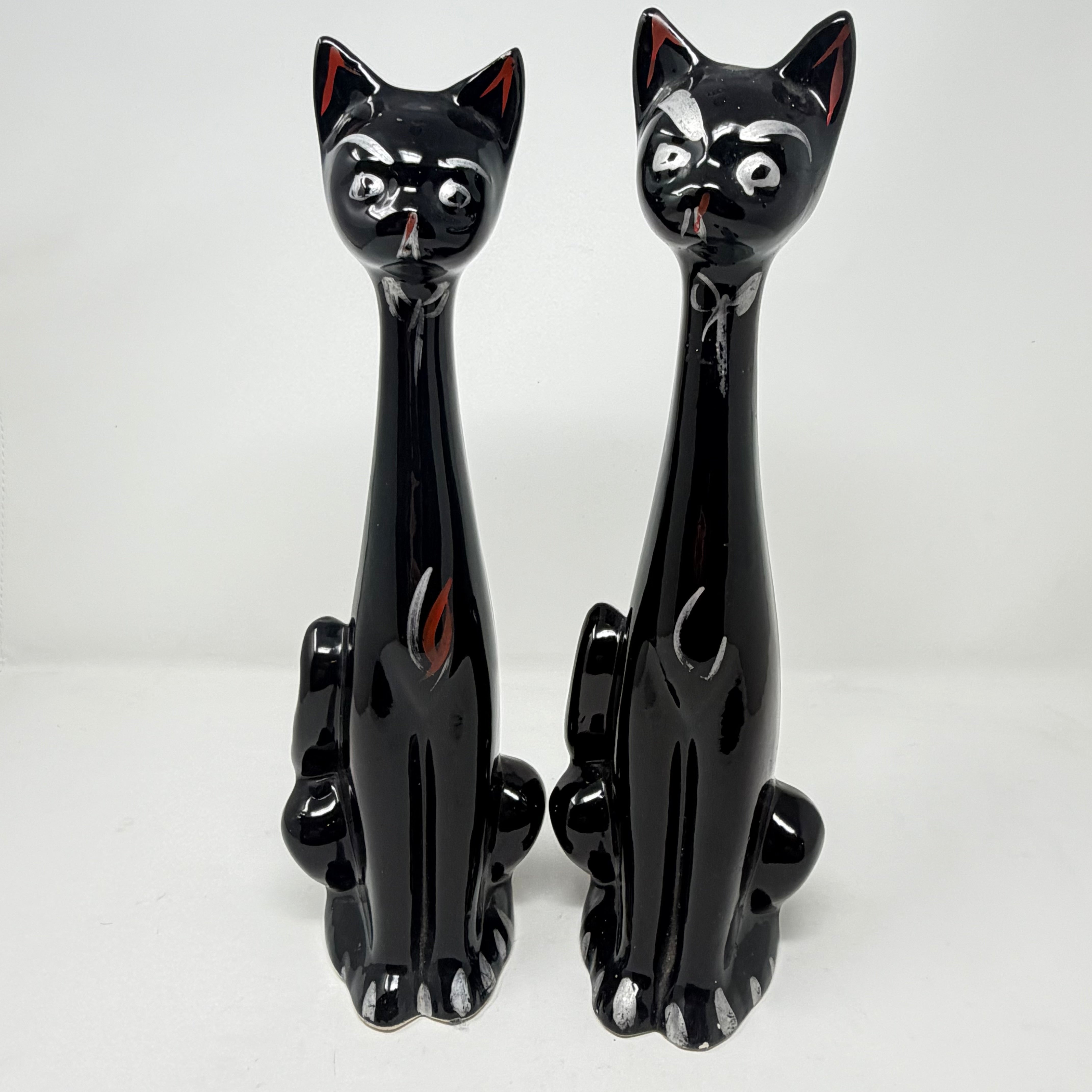 Vintage Pair of Long Necked Black Cat Stem Vases 36cm