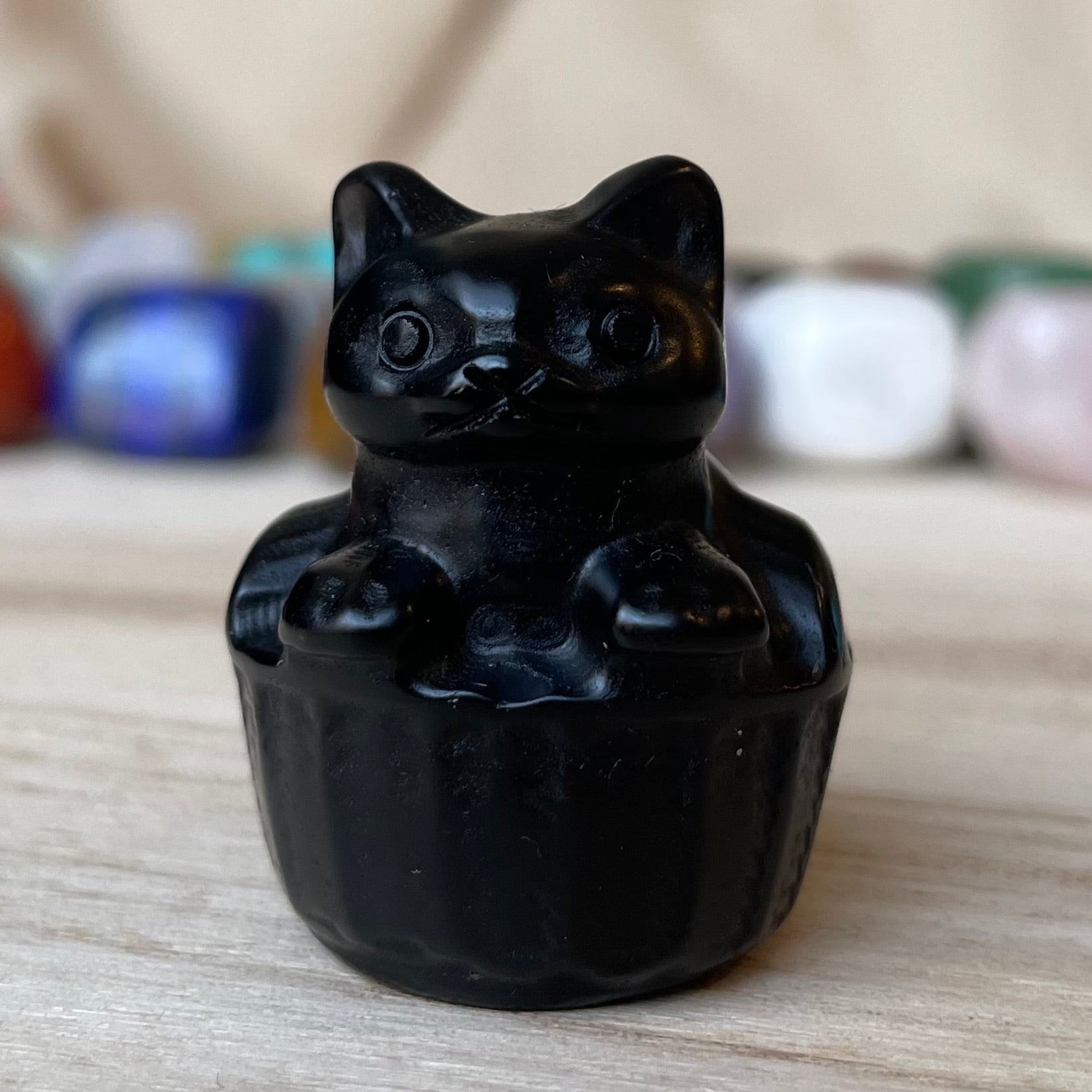 Obsidian Cat in Basket Gemstone