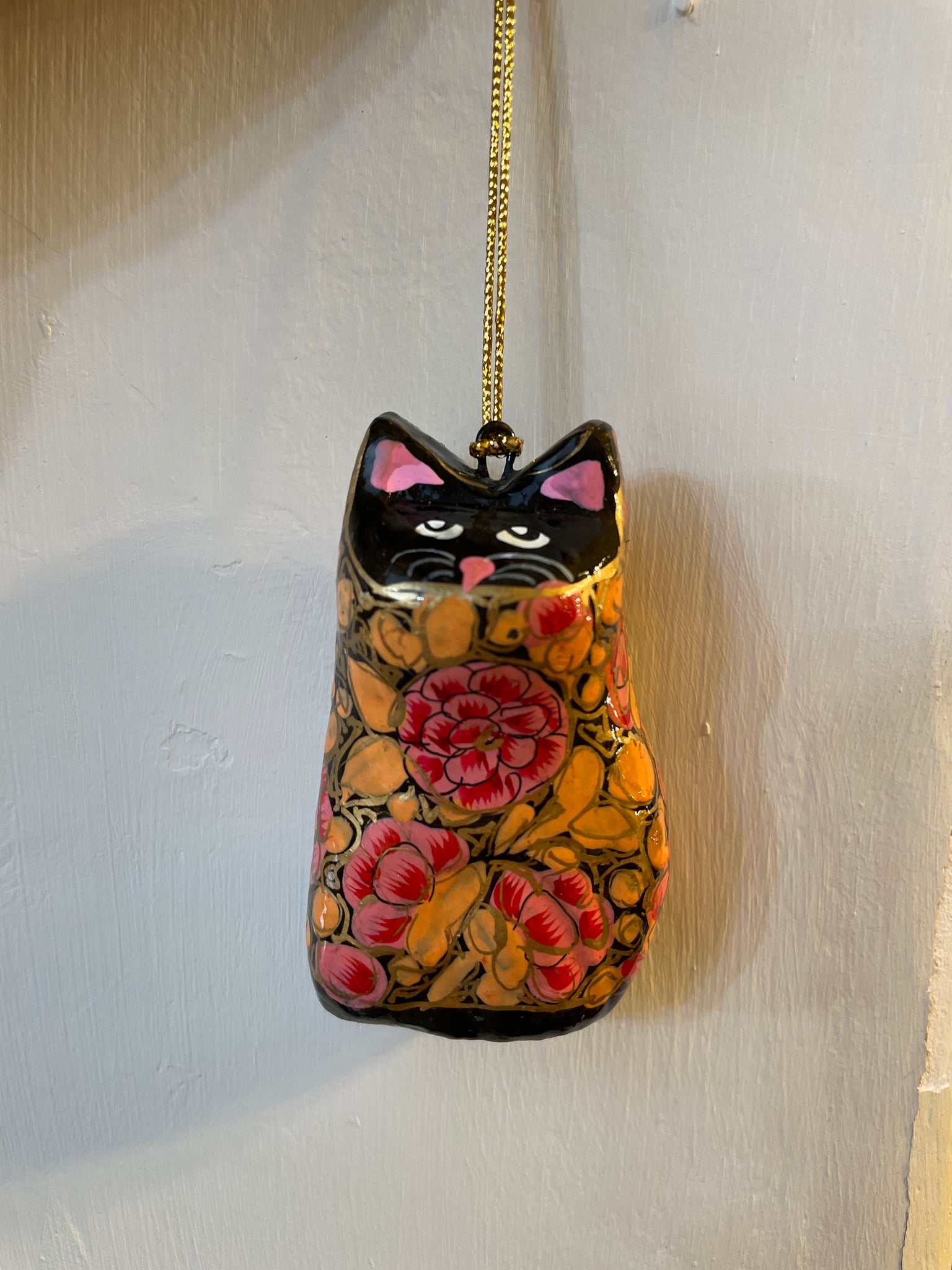 Fair Trade Painted Cat Decoration, Pink Floral