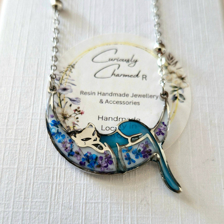 Cat on Moon Floral Necklace