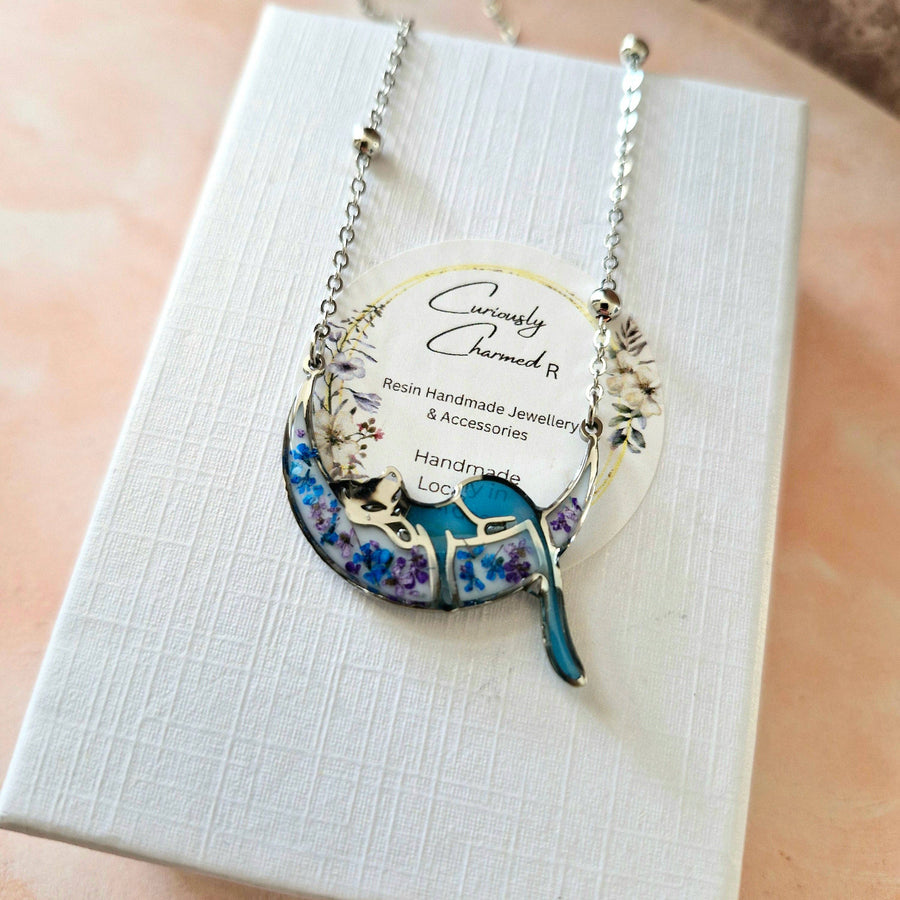 Cat on Moon Floral Necklace