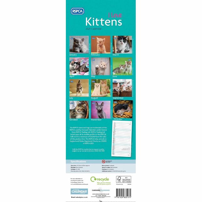 I Love Kittens RSPCA 2024 Slimline Calendar