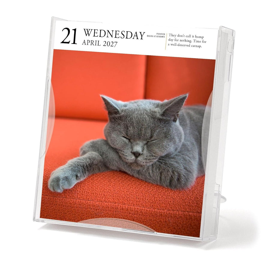 Calendar with a grey cat on an orange couch for April 2027