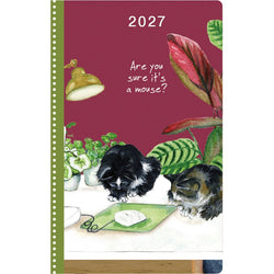 2027 diary with illustration of two cats and a computer mouse, on a desk on a red background.