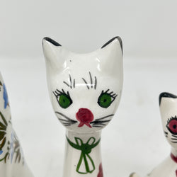 Vintage Italian Style Ceramic Cat Trio - Hand Painted Floral "Long Neck" Figurines - Mid Century MCM