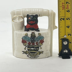 Vintage Arcadian Crested China Lucky Black Cat in Wishing Well - Blackpool Crest - Reg No 709613