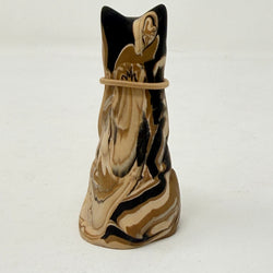 A marbled cream brown and black tabby Lucky Cat figurine wearing a brown collar with a red heart charm. Rear view.