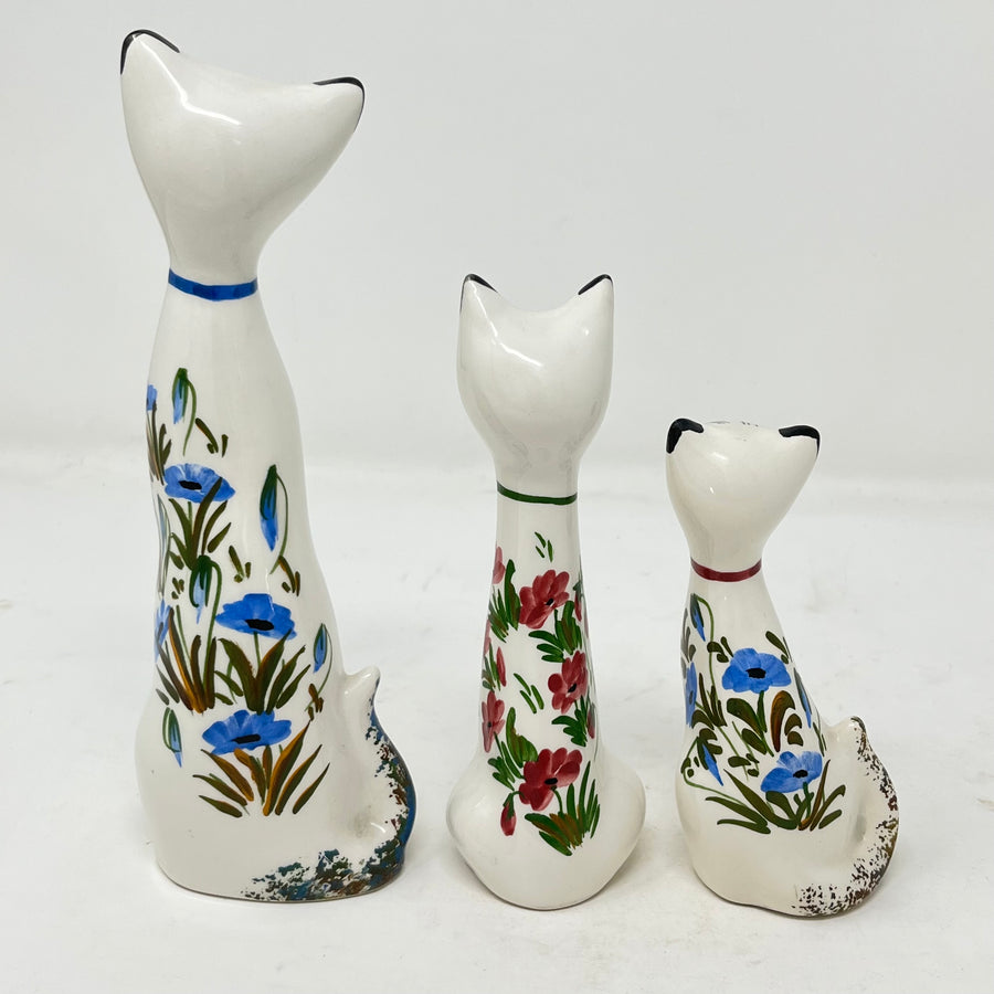 Vintage Italian Style Ceramic Cat Trio - Hand Painted Floral "Long Neck" Figurines - Mid Century MCM