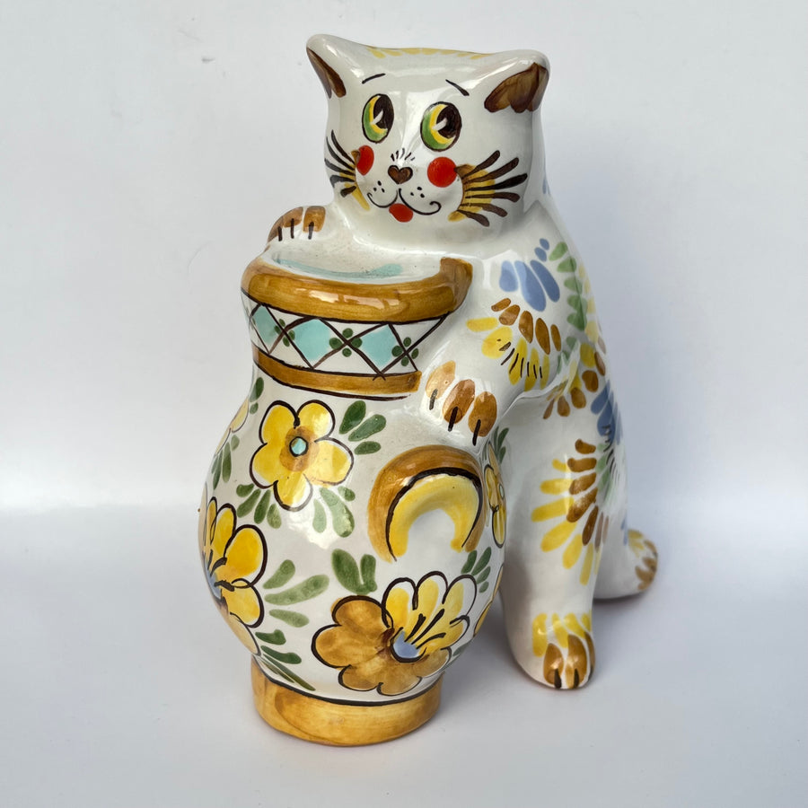 Vintage Yaroslavl Majolica Hand Painted Cat With Urn