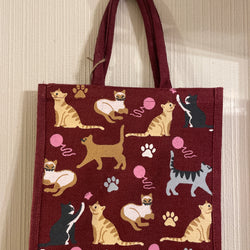 Fair Trade Burgundy Feline Jute Bag, Square