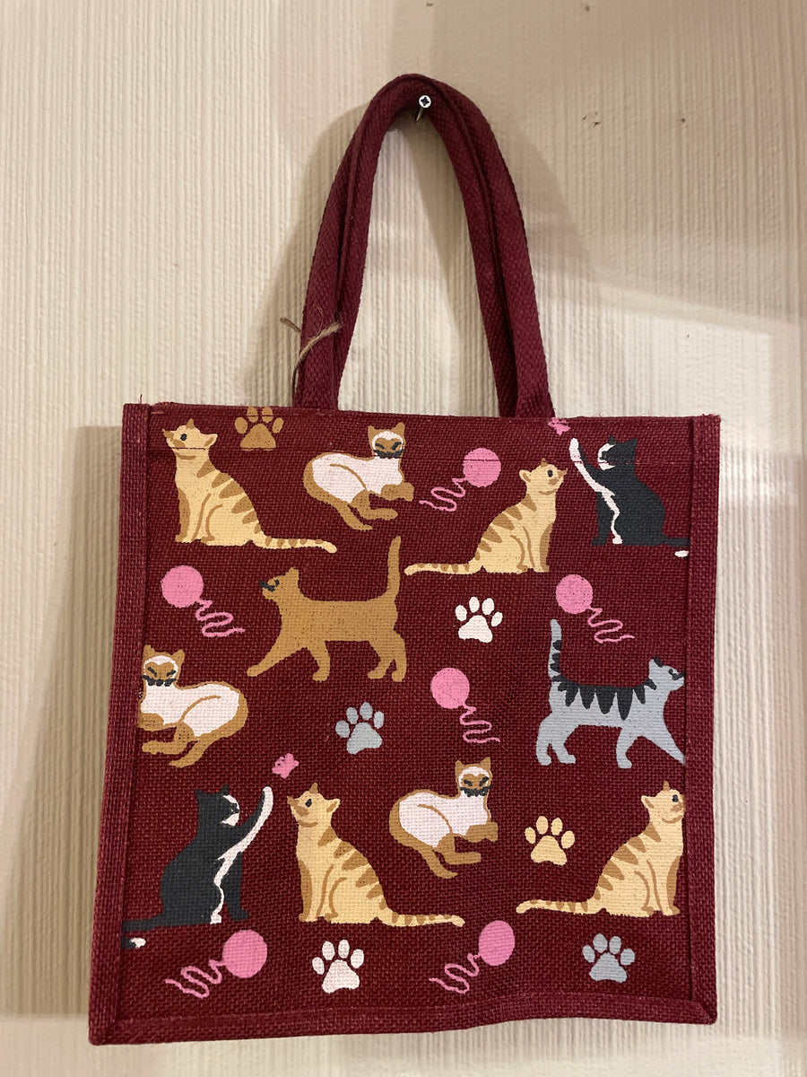 Fair Trade Burgundy Feline Jute Bag, Square