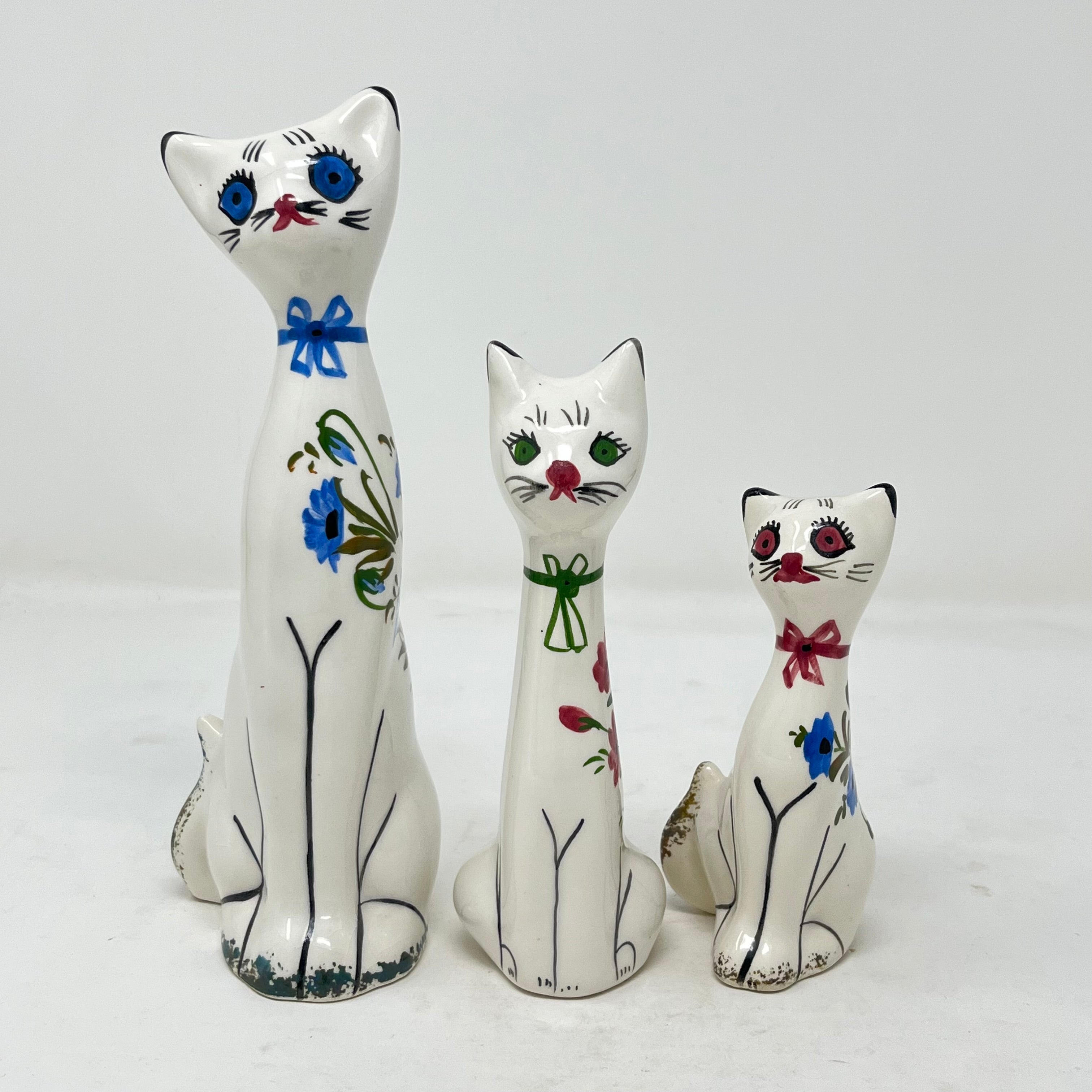Vintage Italian Style Ceramic Cat Trio - Hand Painted Floral "Long Neck" Figurines - Mid Century MCM