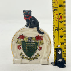 Vintage Arcadian Crested China Lucky Black Cat on Horseshoe - Langport Crest - c.1924