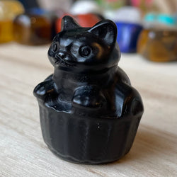 Obsidian Cat in Basket Gemstone