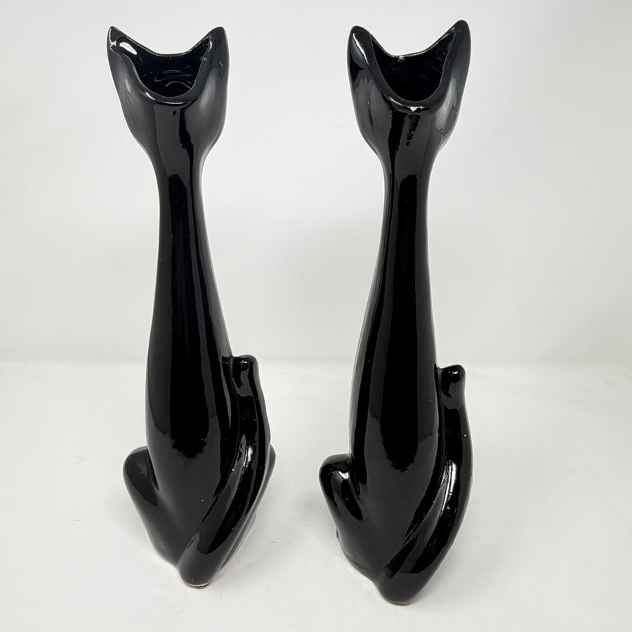 Vintage Pair of Long Necked Black Cat Stem Vases 36cm