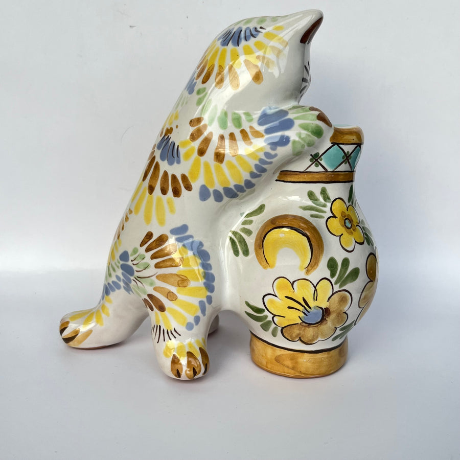 Vintage Yaroslavl Majolica Hand Painted Cat With Urn