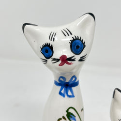 Vintage Italian Style Ceramic Cat Trio - Hand Painted Floral "Long Neck" Figurines - Mid Century MCM