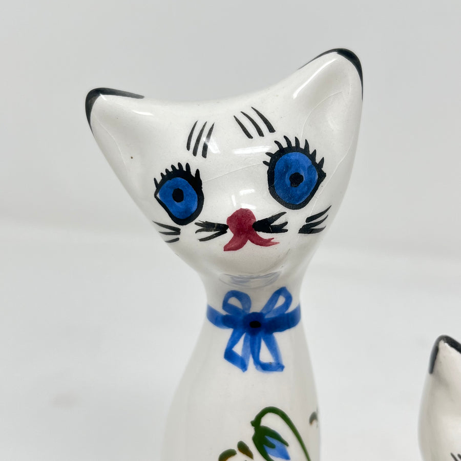 Vintage Italian Style Ceramic Cat Trio - Hand Painted Floral "Long Neck" Figurines - Mid Century MCM