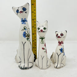 Vintage Italian Style Ceramic Cat Trio - Hand Painted Floral "Long Neck" Figurines - Mid Century MCM