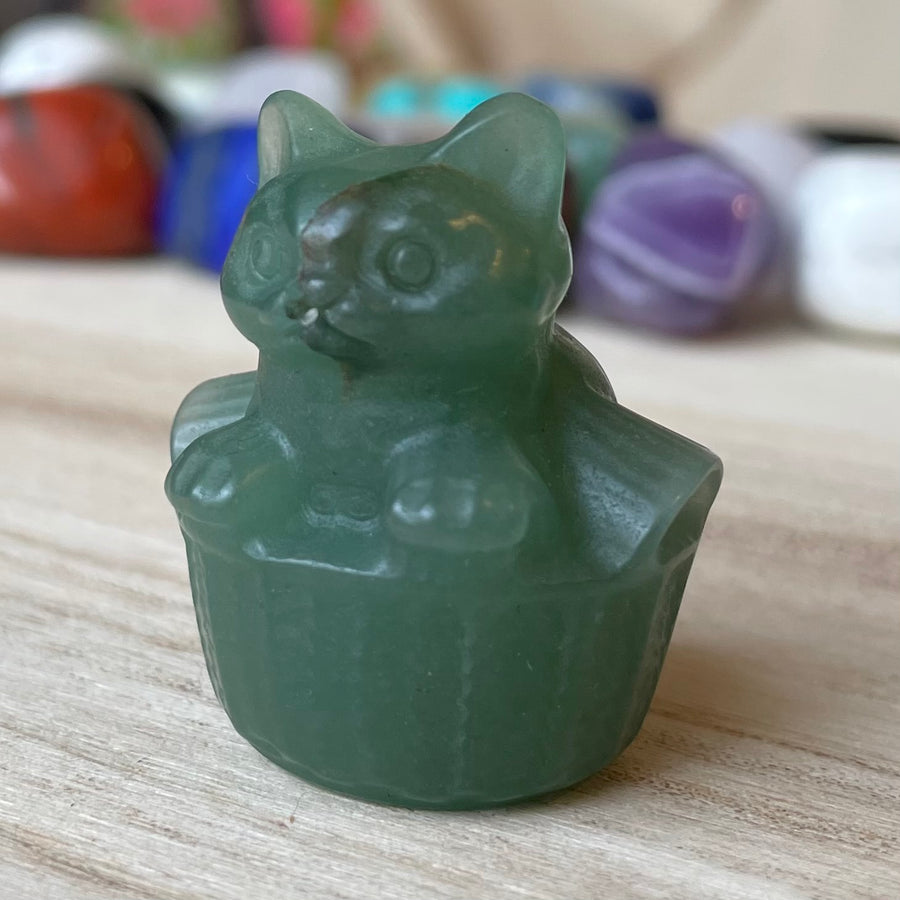 Green Aventurine Cat in Basket Gemstone May Birthstone