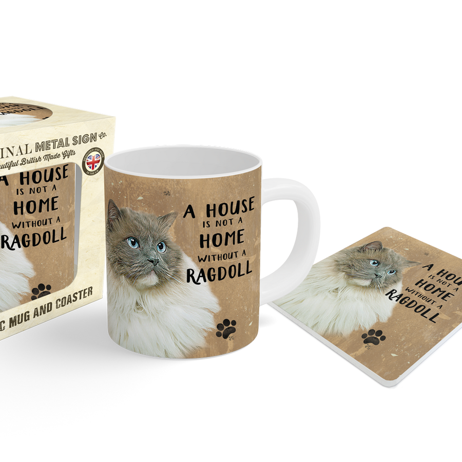 Ceramic mug, coaster, and retail box set featuring a fluffy cat photo and the printed phrase 'A HOUSE IS NOT A HOME WITHOUT A RAGDOLL'
