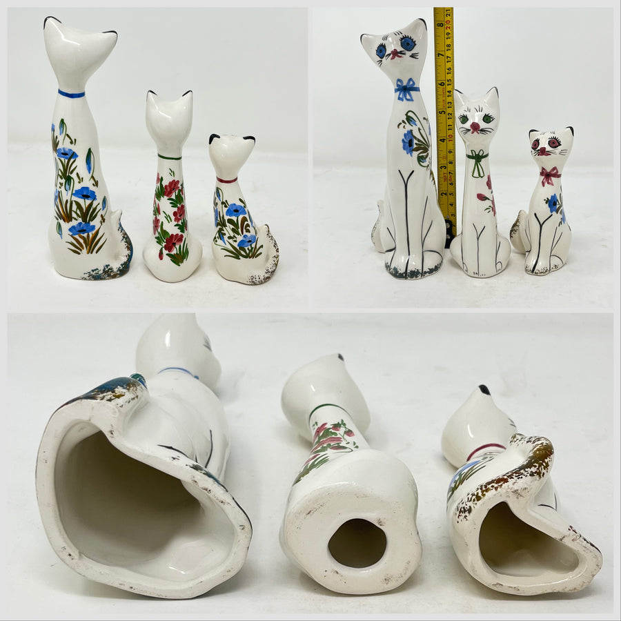 Vintage Italian Style Ceramic Cat Trio - Hand Painted Floral "Long Neck" Figurines - Mid Century MCM