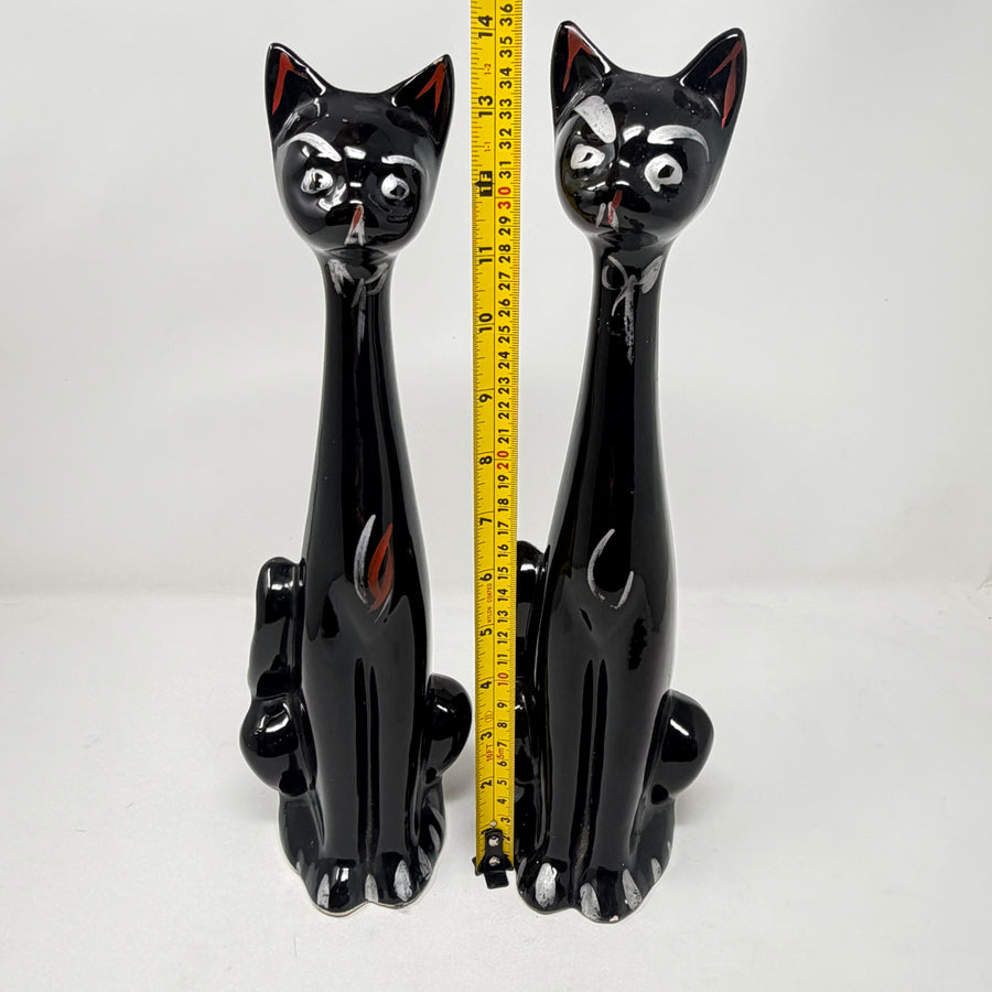 Vintage Pair of Long Necked Black Cat Stem Vases 36cm