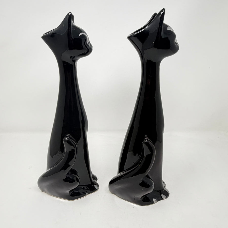 Vintage Pair of Long Necked Black Cat Stem Vases 36cm