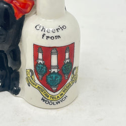 Antique Arcadian Crested China Lucky Black Cat & Bottle – Woolwich Crest – c.1924
