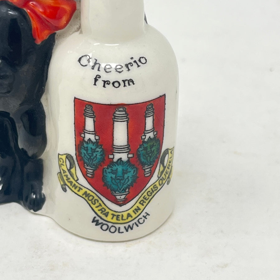 Antique Arcadian Crested China Lucky Black Cat & Bottle – Woolwich Crest – c.1924