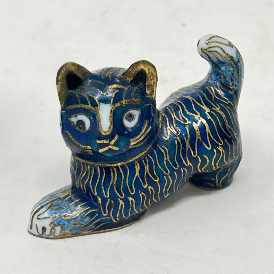 Set of 3 Vintage Chinese Cloisonné Cat Figurines - Cobalt Blue & Gold Enamel